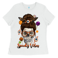 White Spooky Vibes Skull Messy Bun Ladies Tee - texasbilliewilder