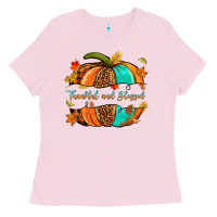 Bubblegum Pink pumpkin thankful and blessed Ladies Tee - NancyCooperArtShop