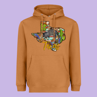 Texas Map Armadillo Heavyweight Hoodie Designed By Barkaloodesign