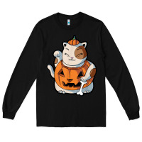 Black cute kawaii maneki neko cat halloween pumpkin costume boys Long Sleeve Tee - trangStudio