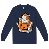 Navy cute kawaii maneki neko cat halloween pumpkin costume boys Long Sleeve Tee - trangStudio