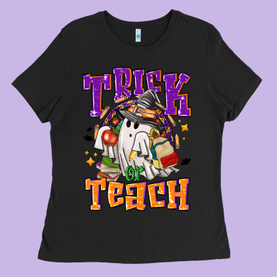 Trick Or Teach Halloween Ladies Tee Designed By Nancycooperartshop