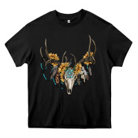 Black boho deer skull sunflowers and gemstone Heavy Core Tee - RanaPortraitStore
