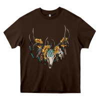 Chocolate Brown boho deer skull sunflowers and gemstone Heavy Core Tee - RanaPortraitStore