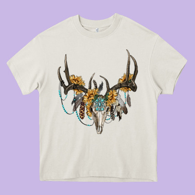 Boho Deer Skull Sunflowers And Gemstone Heavy Core Tee Designed By Ranaportraitstore