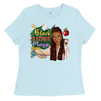 Baby Blue black teacher magic with afro Ladies Tee - NancyCooperArtShop