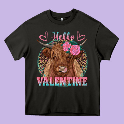 Hello Valentine Highland Cow Heavy Core Tee Designed By Ranaportraitstore