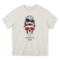 Cream Glitter American Flag Patterned American Mom Skull Heavy Core Tee - Bettercallsaul