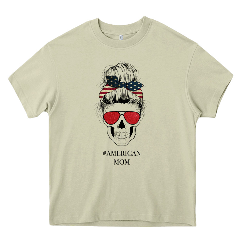Glitter American Flag Patterned American Mom Skull Heavy Core Tee by Bettercallsaul | Teevron