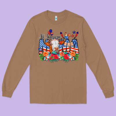 All American Mama Cow Flowers Long Sleeve Tee Designed By Cowcowdesign