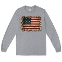 Heather Grey America Flag and Leopard Long Sleeve Tee - CowCowDesign