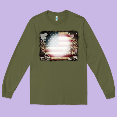 American Flag Cowhide Leopard Bleach Effect Long Sleeve Tee Designed By Cowcowdesign