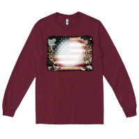 Burgundy American Flag Cowhide Leopard Bleach Effect Long Sleeve Tee - CowCowDesign