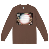 Chestnut American Flag Cowhide Leopard Bleach Effect Long Sleeve Tee - CowCowDesign