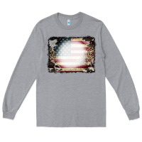 Heather Grey American Flag Cowhide Leopard Bleach Effect Long Sleeve Tee - CowCowDesign