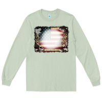 Matcha American Flag Cowhide Leopard Bleach Effect Long Sleeve Tee - CowCowDesign
