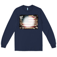 Navy American Flag Cowhide Leopard Bleach Effect Long Sleeve Tee - CowCowDesign