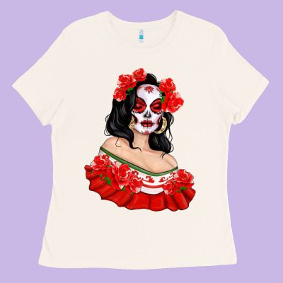 Mexicana Skull Girl With Roses Ladies Tee Designed By Texasbilliewilder