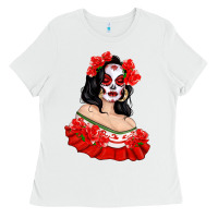 White Mexicana Skull Girl with Roses Ladies Tee - texasbilliewilder