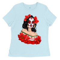 Baby Blue Mexicana Skull Girl with Roses Ladies Tee - texasbilliewilder