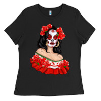 Black Mexicana Skull Girl with Roses Ladies Tee - texasbilliewilder