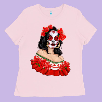 Mexicana Skull Girl With Roses Ladies Tee Designed By Texasbilliewilder
