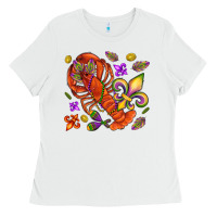 White Crawfish and fleur de lis Ladies Tee - NancyCooperArtShop