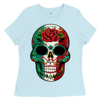 Baby Blue Mexican Skull Ladies Tee - texasbilliewilder