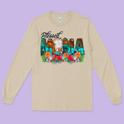 Blessed Mama Flowers Cow Long Sleeve Tee Designed By Cowcowdesign