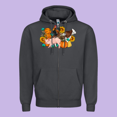 Farm Life Fall Pig Cow Rooster Zipper Hoodie Designed By Artiststas