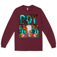 Burgundy Boy Mom Flowers Cow Long Sleeve Tee - CowCowDesign