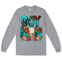 Heather Grey Boy Mom Flowers Cow Long Sleeve Tee - CowCowDesign