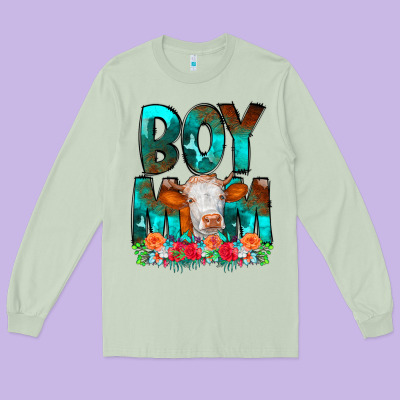 Boy Mom Flowers Cow Long Sleeve Tee Designed By Cowcowdesign