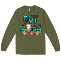 Army Green Boy Mama Flowers Cow Long Sleeve Tee - CowCowDesign