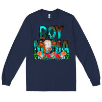 Navy Boy Mama Flowers Cow Long Sleeve Tee - CowCowDesign