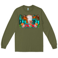 Army Green Cow Mom Turquoise Tooled Leather Flowers Long Sleeve Tee - CowCowDesign