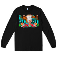 Black Cow Mom Turquoise Tooled Leather Flowers Long Sleeve Tee - CowCowDesign