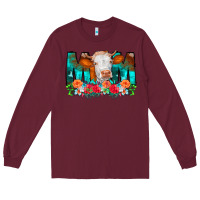Burgundy Cow Mom Turquoise Tooled Leather Flowers Long Sleeve Tee - CowCowDesign