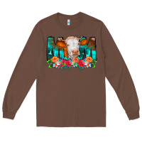 Chestnut Cow Mom Turquoise Tooled Leather Flowers Long Sleeve Tee - CowCowDesign