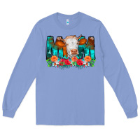 Colony Blue Cow Mom Turquoise Tooled Leather Flowers Long Sleeve Tee - CowCowDesign
