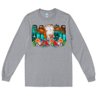 Heather Grey Cow Mom Turquoise Tooled Leather Flowers Long Sleeve Tee - CowCowDesign