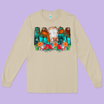 Cow Mom Turquoise Tooled Leather Flowers Long Sleeve Tee Designed By Cowcowdesign