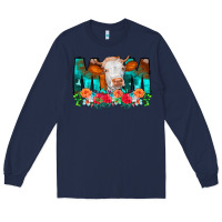 Navy Cow Mom Turquoise Tooled Leather Flowers Long Sleeve Tee - CowCowDesign