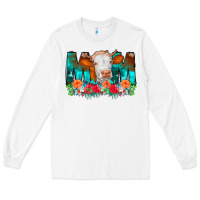 White Cow Mom Turquoise Tooled Leather Flowers Long Sleeve Tee - CowCowDesign