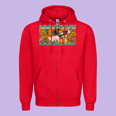 Fall Farm Animals Cow Pig Rooster Zipper Hoodie Designed By Artiststas