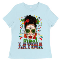 Baby Blue Proud Latina Skull Girl Messy Bun Ladies Tee - texasbilliewilder