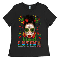 Black Proud Latina Skull Girl Messy Bun Ladies Tee - texasbilliewilder