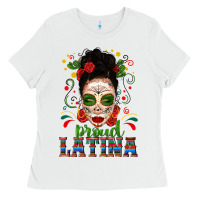 White Proud Latina Skull Girl Messy Bun Ladies Tee - texasbilliewilder