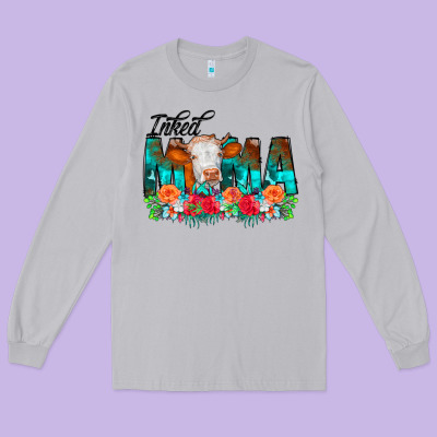 Inked Mama Flowers Cow Long Sleeve Tee Designed By Cowcowdesign