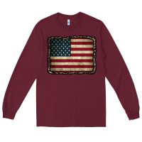 Burgundy American Flag With Leopard Frame Long Sleeve Tee - CowCowDesign